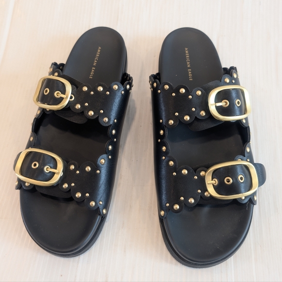 AMERICAN EAGLE Women's Gold Studded Double-Buckle Black Slide Sandals Size 9 - Picture 3 of 10